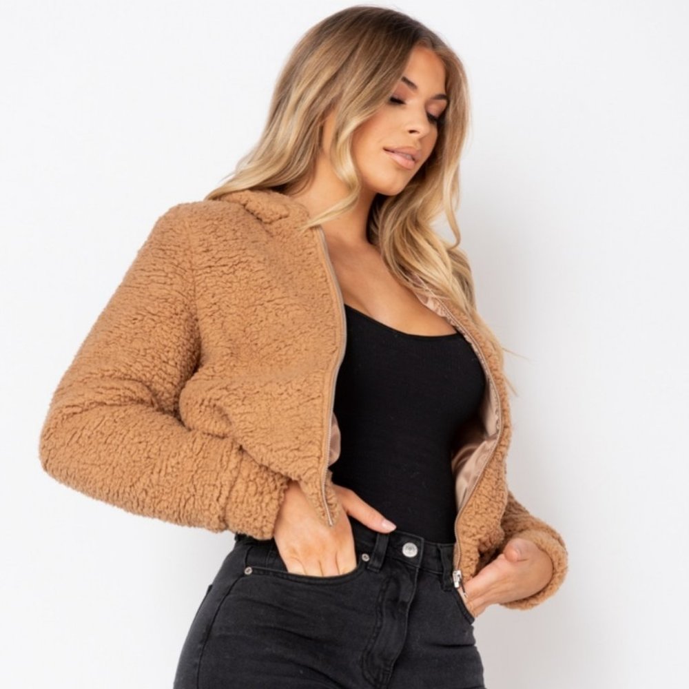 Brown Teddy Bear Fur Long Sleeve Hooded Bomber Jacket - Picture 2 of 9